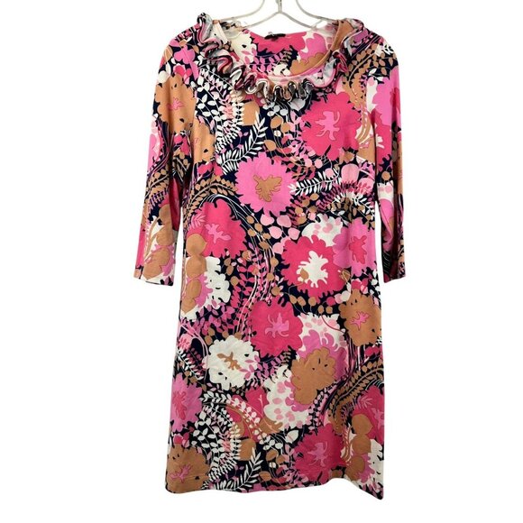 Talbots Floral Shift Dress Ruffle Neck 3/4 Sleeve Multicolor Size SP - Picture 1 of 8